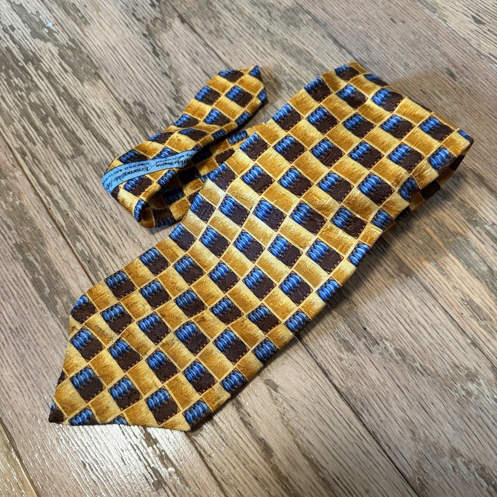 Ermenegildo Zegna Mens Tie Geometric Yellow 100% Silk Necktie Made In Italy